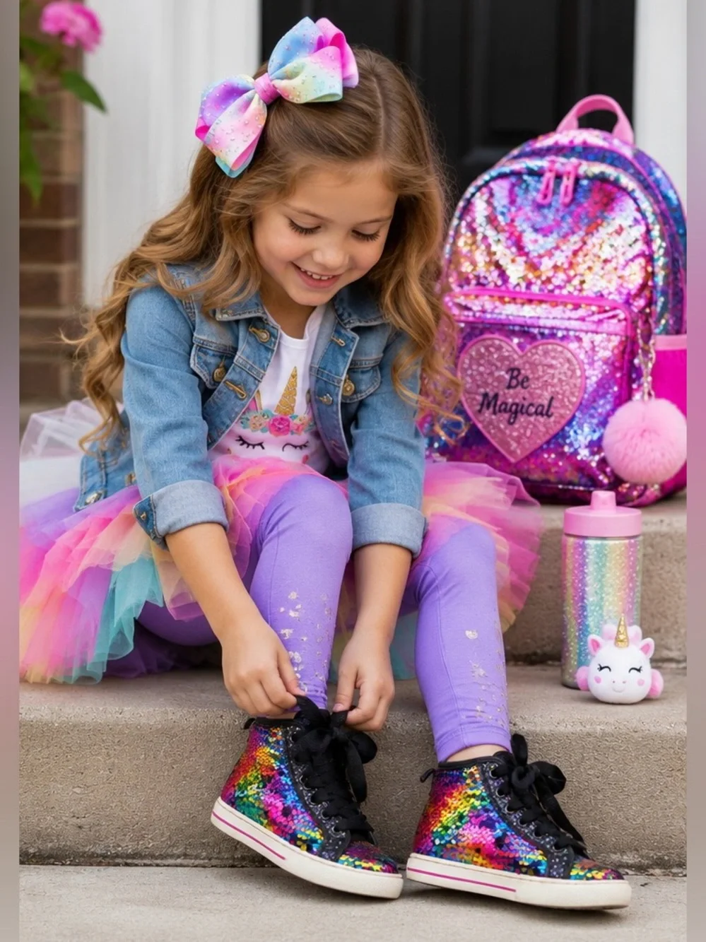 Justice Rainbow Sequin High Top Sneakers Girls Bow Ribbon MultiColor Glitter 12